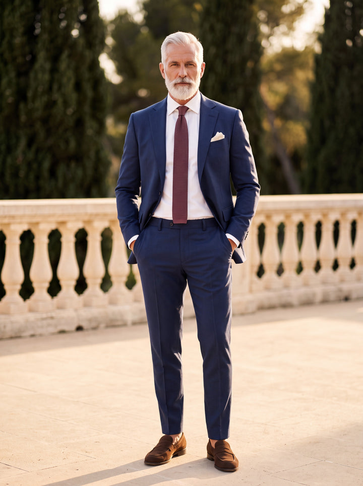 Harlan Men two-piece suit in navy, worn by a model in a Mediterranean setting - Gentlemens Manor lifestyle