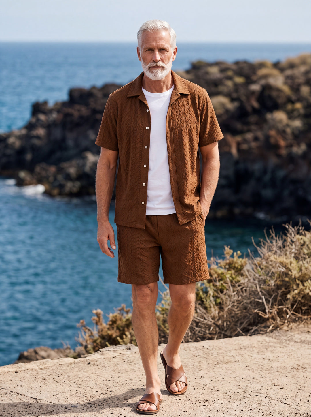 Harley Men two-piece summer set in brown, worn by a model in a Mediterranean setting - Gentlemens Manor lifestyle