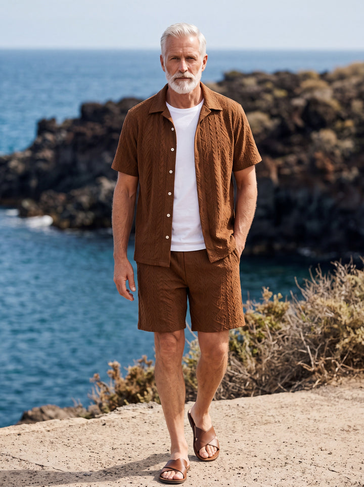 Harley Men two-piece summer set in brown, worn by a model in a Mediterranean setting - Gentlemens Manor lifestyle