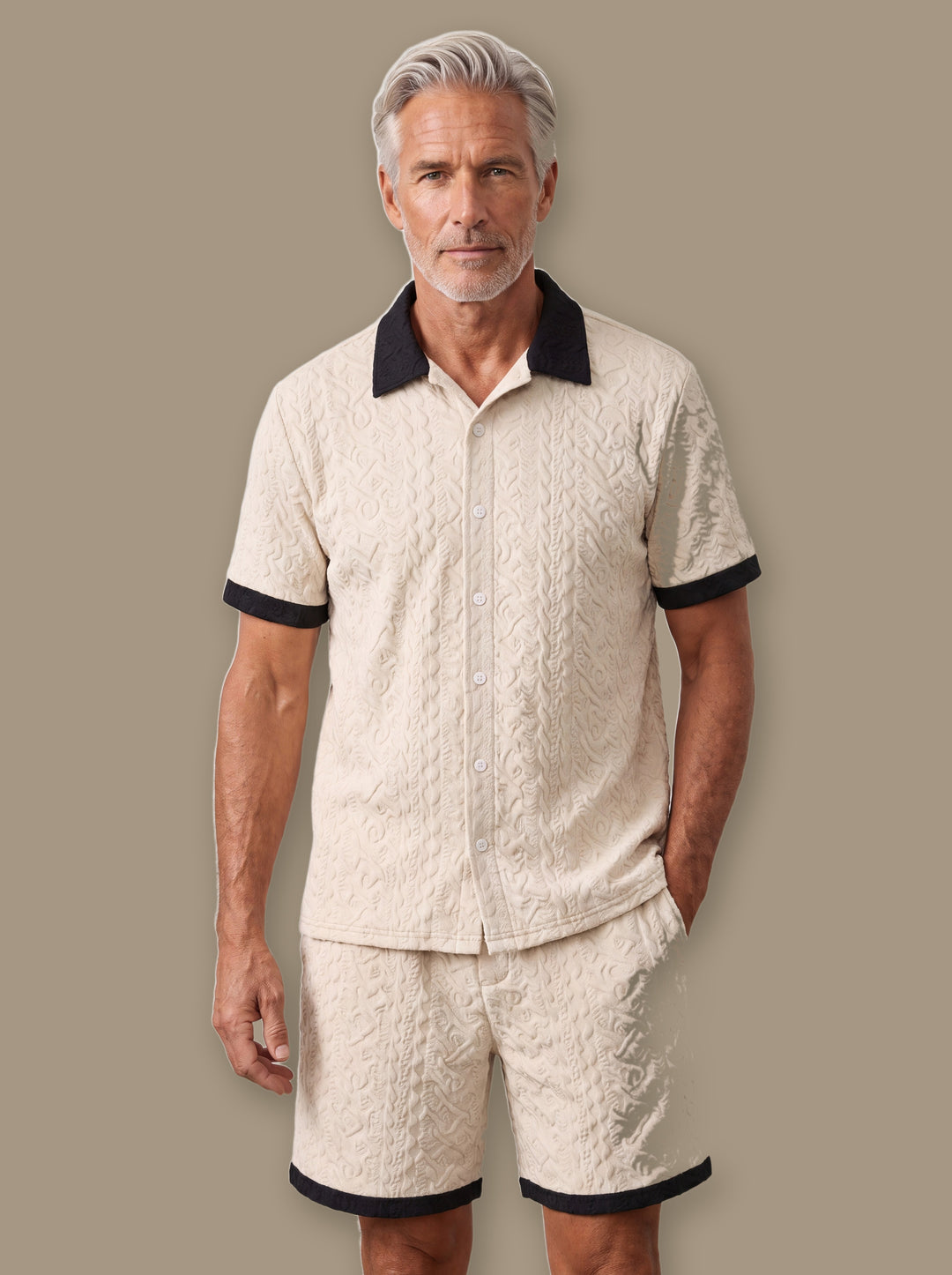 Harley two piece set in Sand, worn by a model on a warm taupe studio background - Gentlemens Manor