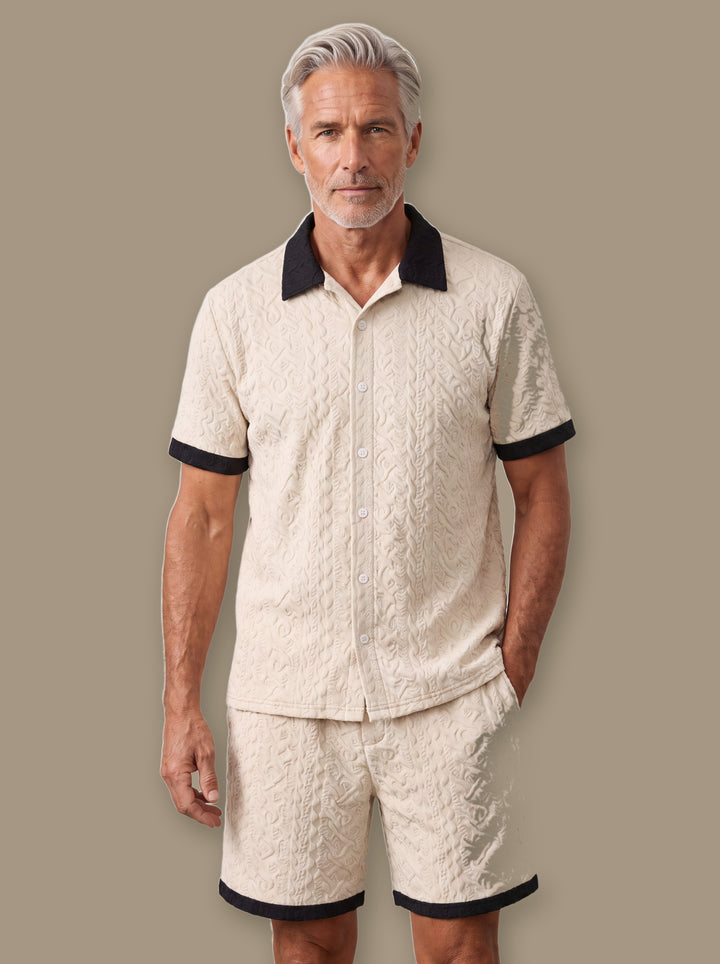 Harley two piece set in Sand, worn by a model on a warm taupe studio background - Gentlemens Manor