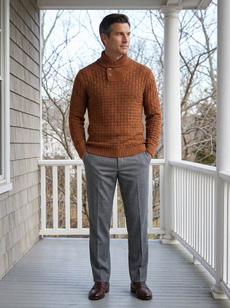 Harlow basketweave collar sweater in Brown, lifestyle on a covered porch, Gentlemens Manor