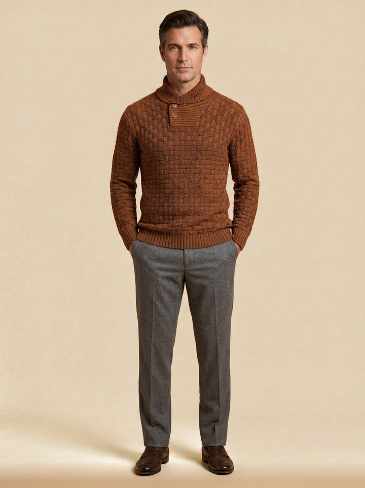 Harlow basketweave collar sweater in Brown, studio, Gentlemens Manor