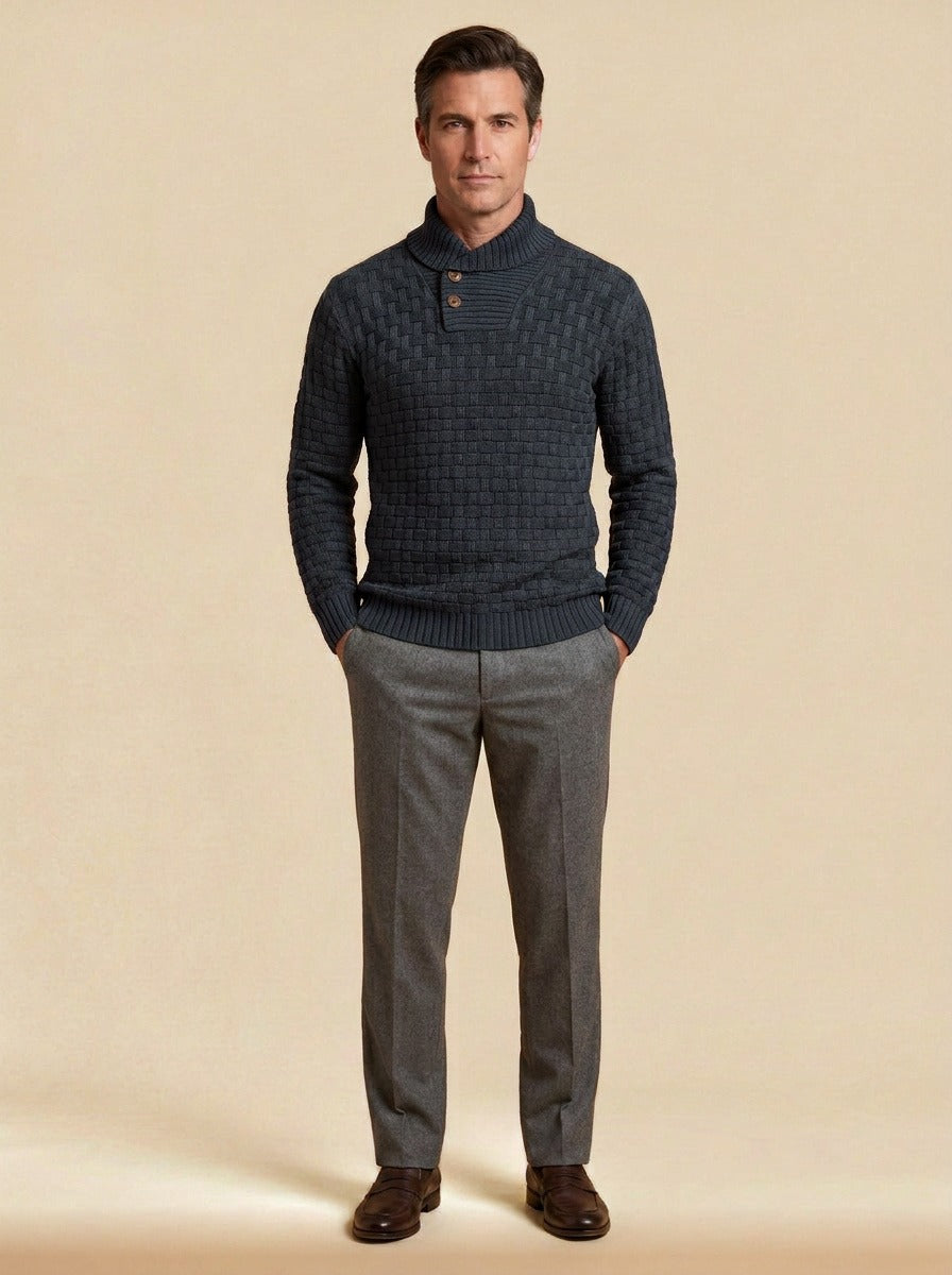 Harlow basketweave collar sweater in Charcoal, studio, Gentlemens Manor