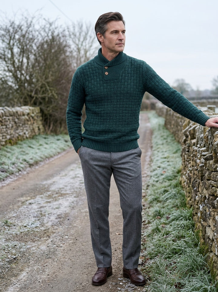 Harlow basketweave collar sweater in Green, lifestyle on a country lane, Gentlemens Manor