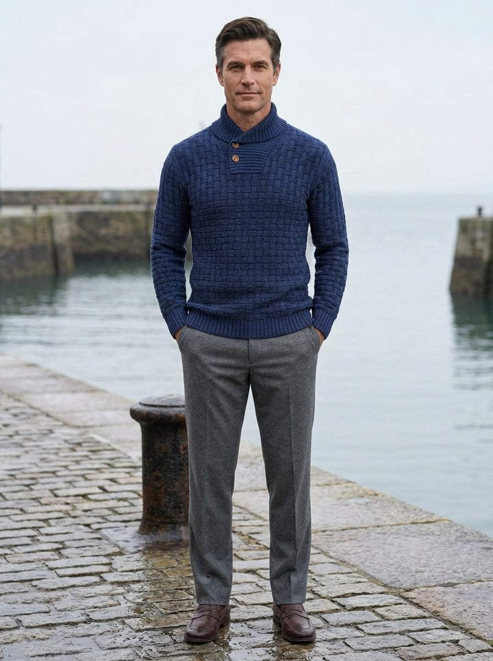 Harlow basketweave collar sweater in Navy, lifestyle on a stone harbor quay, Gentlemens Manor