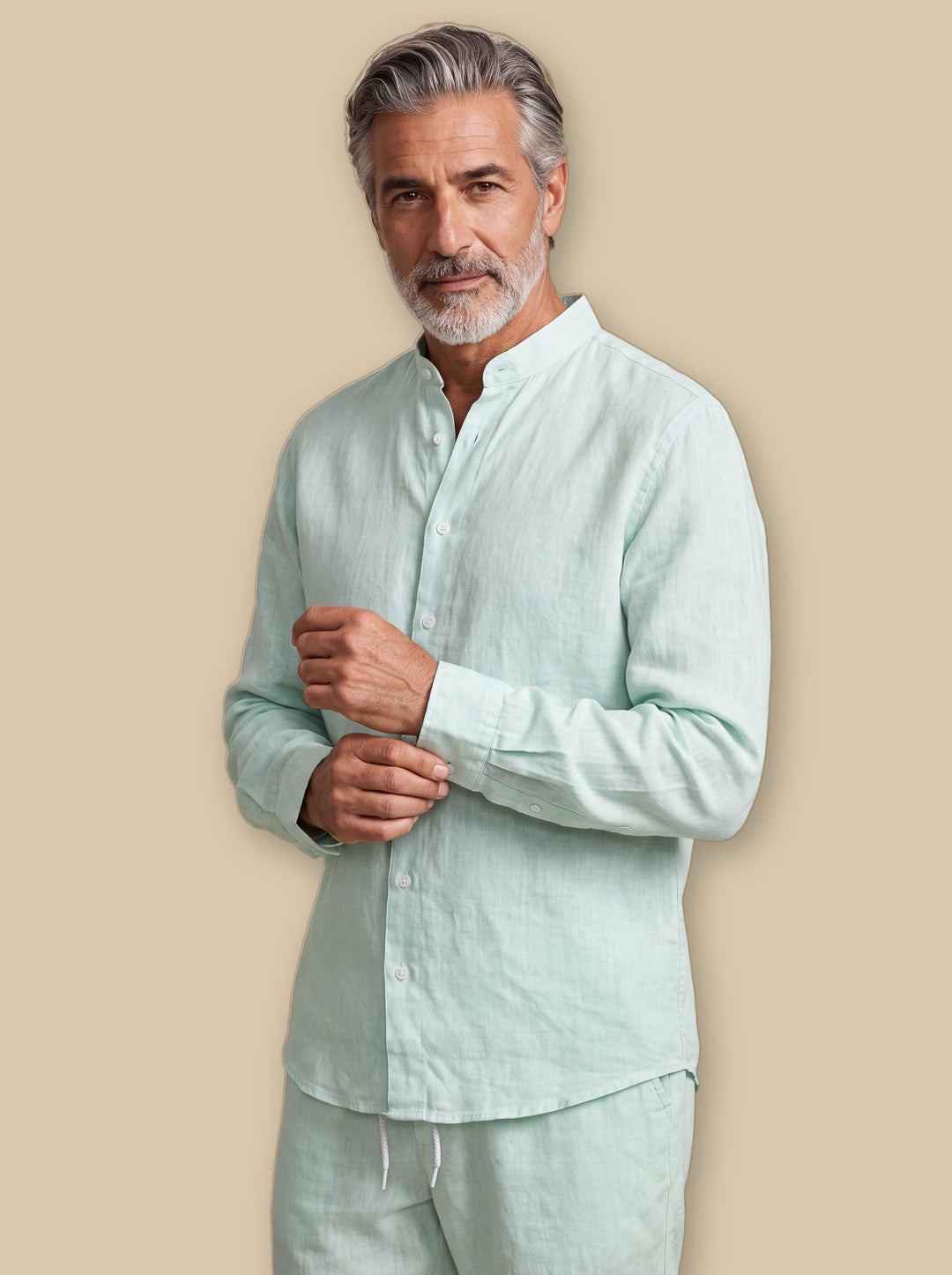 Harold two piece set in Green, worn by a model on a warm sand studio background - Gentlemens Manor