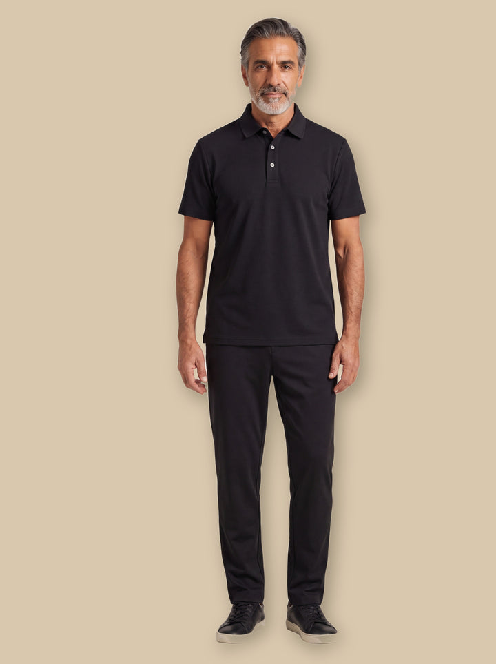 Harper two piece set in Black, worn by a model on a warm sand studio background - Gentlemens Manor