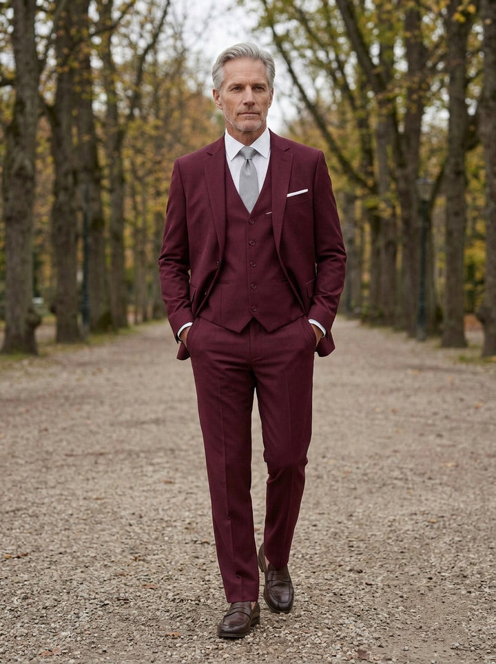 Harrington three piece suit in Burgundy, avenue lifestyle, Gentlemens Manor