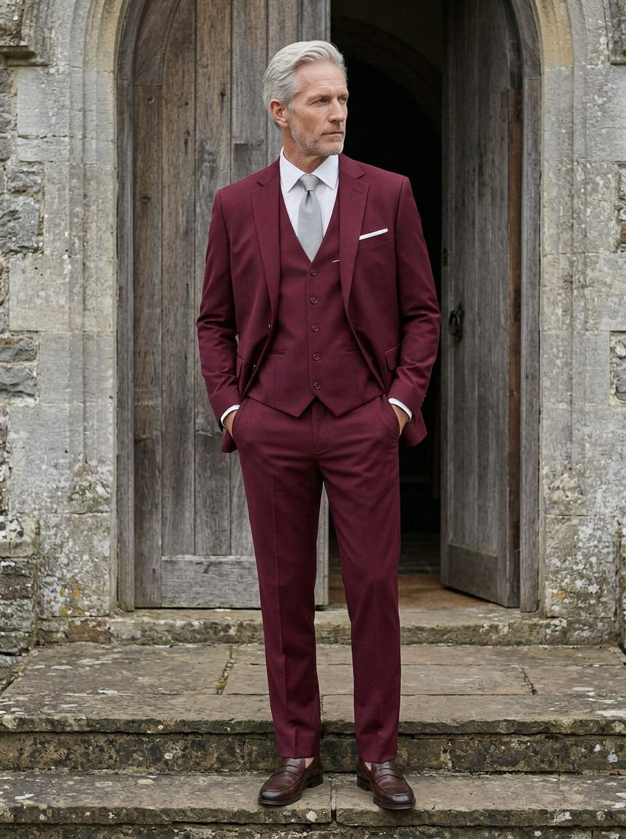 Harrington three piece suit in Burgundy, church lifestyle, Gentlemens Manor