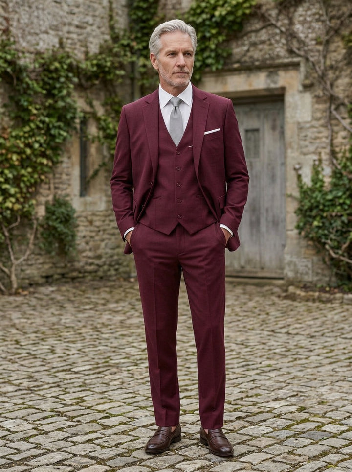 Harrington three piece suit in Burgundy, courtyard lifestyle, Gentlemens Manor