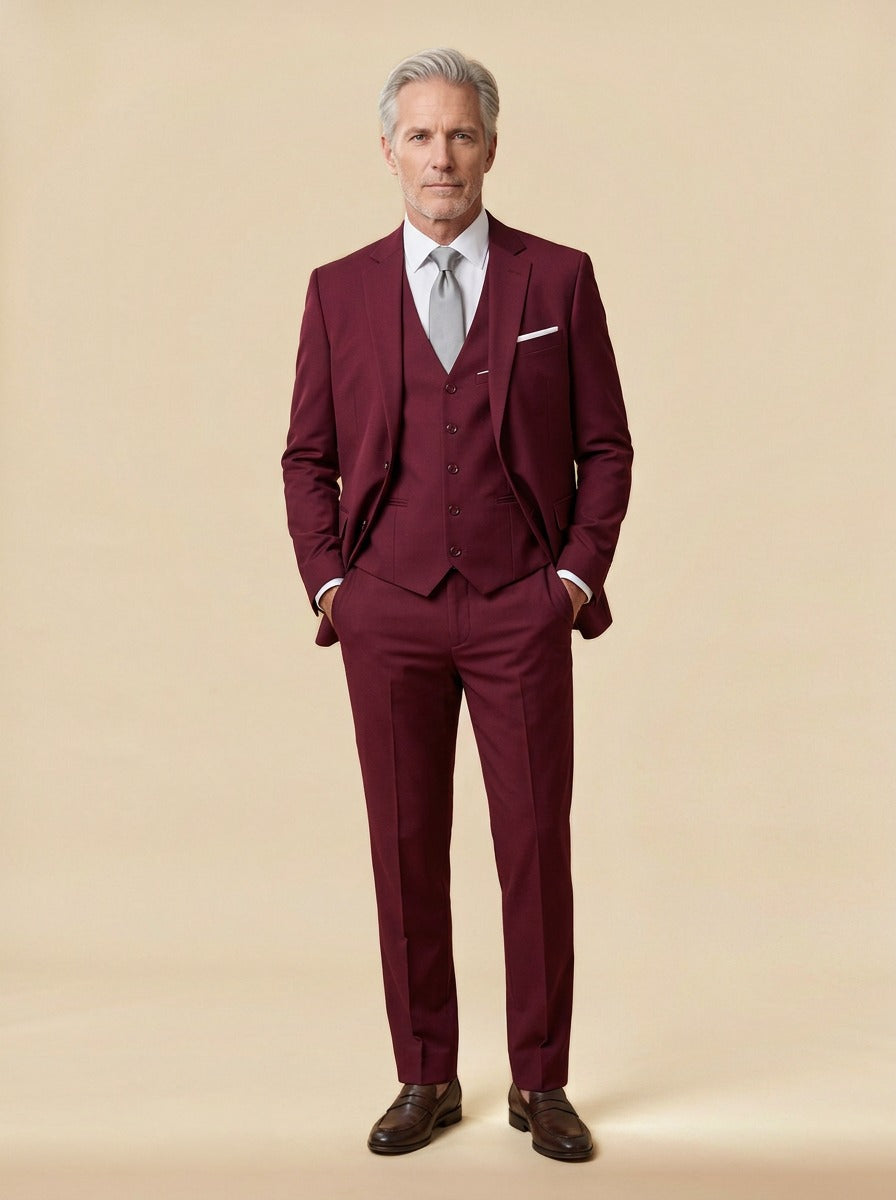 Harrington three piece suit in Burgundy, studio, Gentlemens Manor
