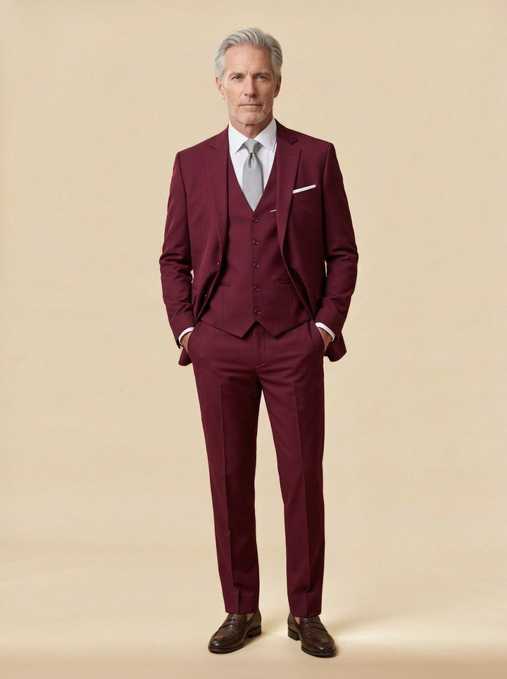 Harrington three piece suit in Burgundy, studio, Gentlemens Manor