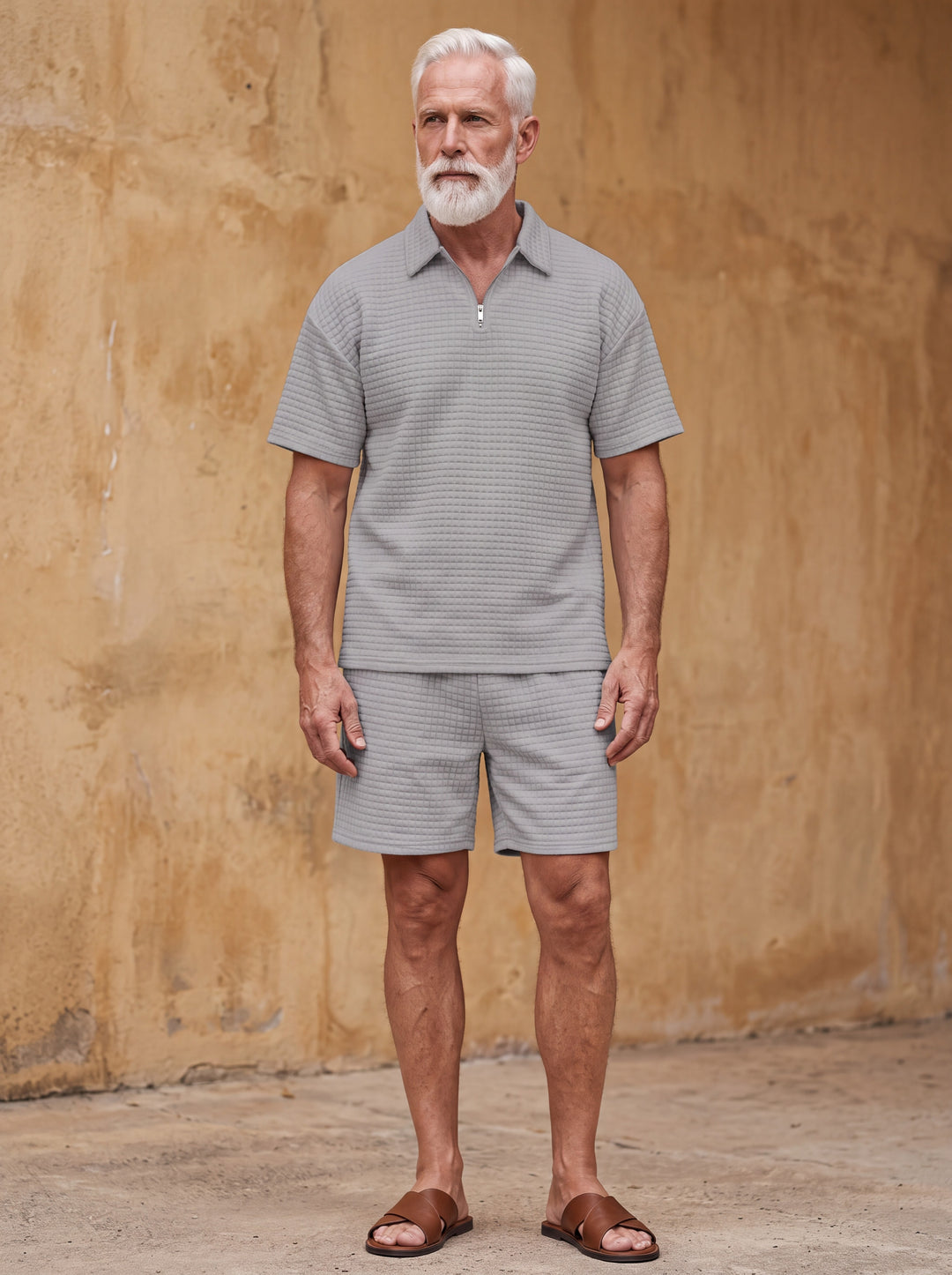 Harris Men two-piece summer set in grey, worn by a model in a Mediterranean setting - Gentlemens Manor lifestyle