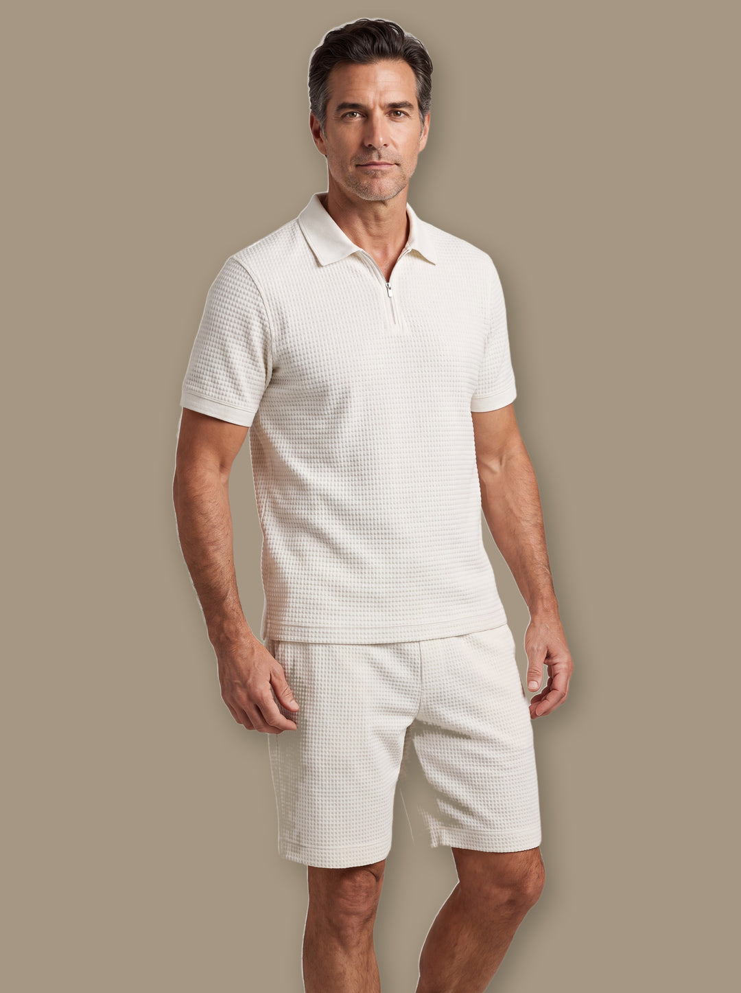 Harris two piece set in White, worn by a model on a warm taupe studio background - Gentlemens Manor