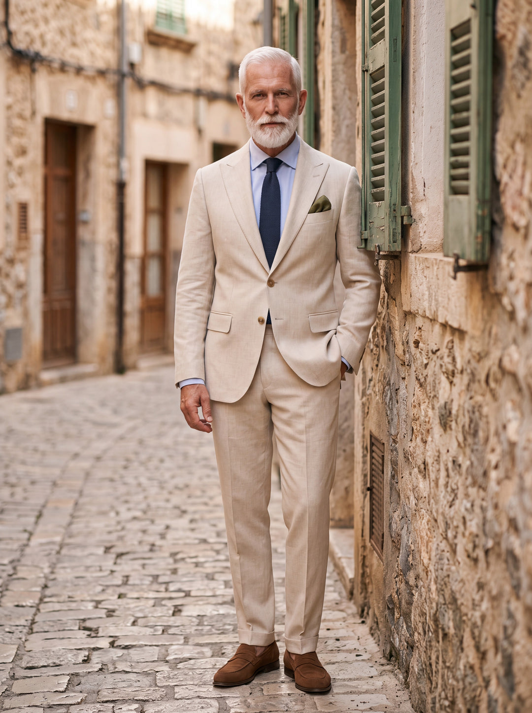 Harrison Men two-piece suit in beige, worn by a model in a Mediterranean setting - Gentlemens Manor lifestyle
