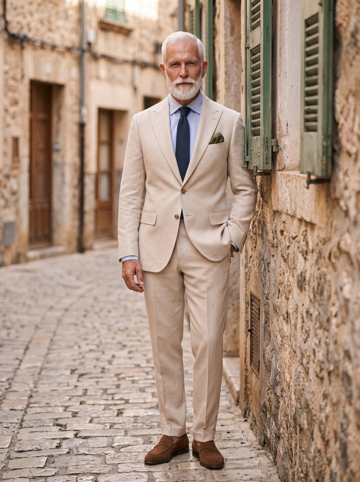 Harrison Men two-piece suit in beige, worn by a model in a Mediterranean setting - Gentlemens Manor lifestyle