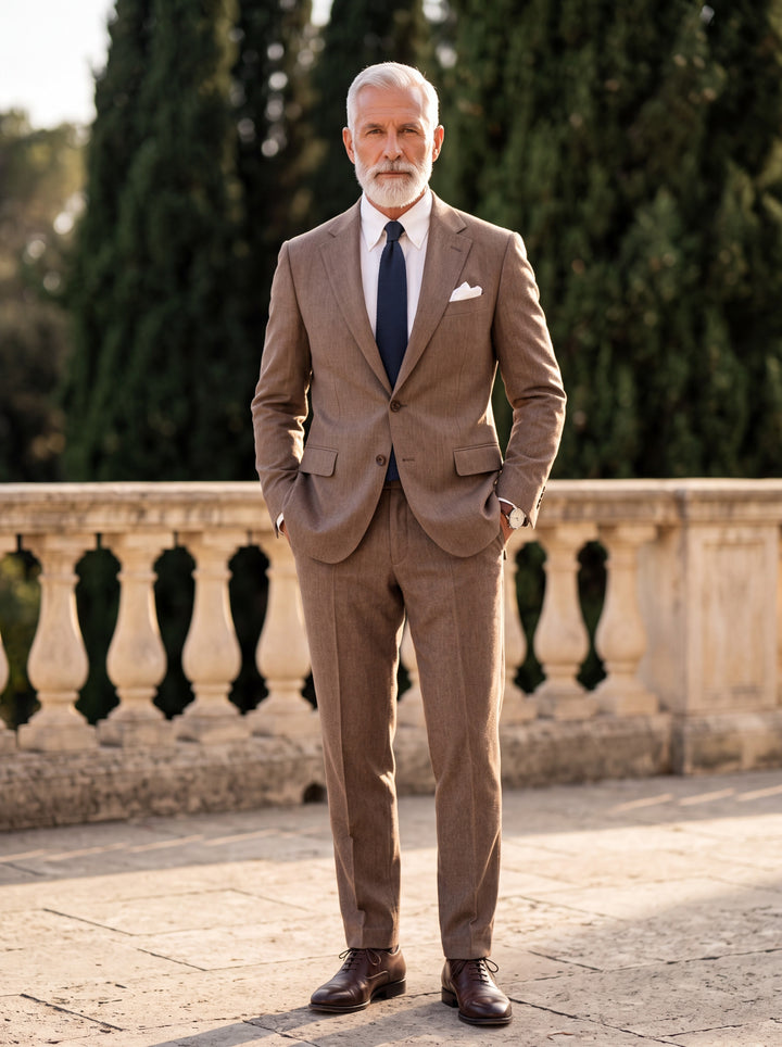 Harrison Men two-piece suit in brown, worn by a model in a Mediterranean setting - Gentlemens Manor lifestyle