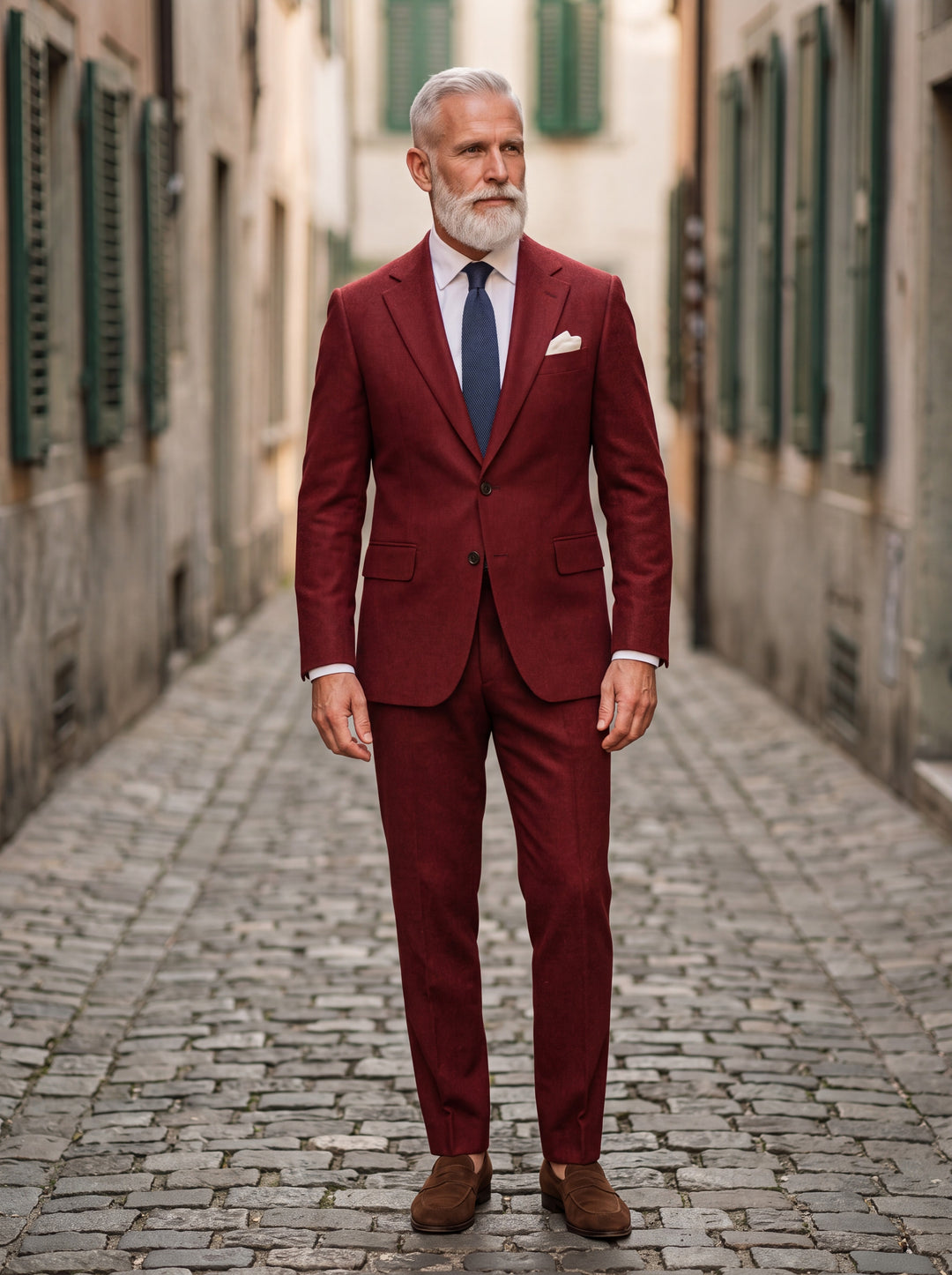Harrison Men two-piece suit in red, worn by a model in a Mediterranean setting - Gentlemens Manor lifestyle