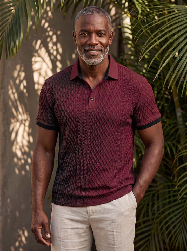 Harrison Men polo shirt in burgundy, worn by a model on a Mediterranean terrace - Gentlemens Manor lifestyle