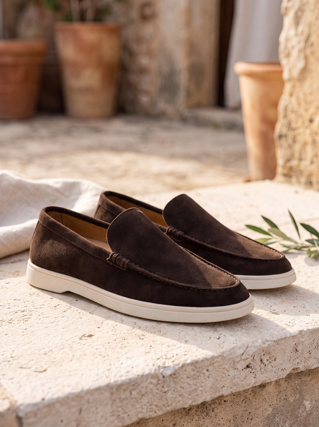 Hartley loafers in Brown, Mediterranean setting - Gentlemens Manor lifestyle