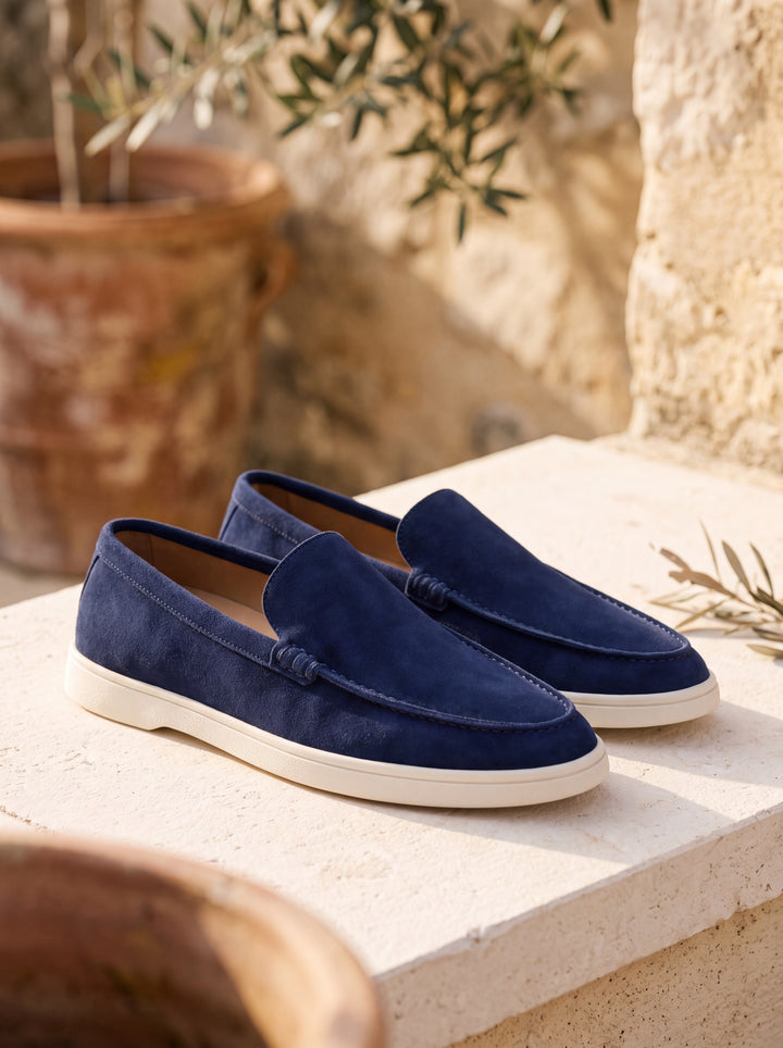 Hartley loafers in Navy, Mediterranean setting - Gentlemens Manor lifestyle