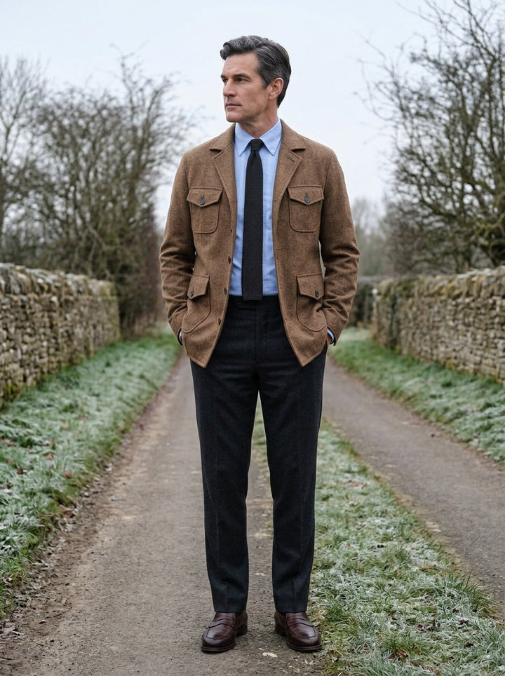 Hartwell field jacket in Brown, lifestyle on a country lane, Gentlemens Manor