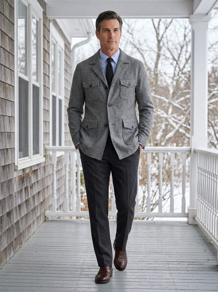 Hartwell field jacket in Grey, lifestyle on a covered porch, Gentlemens Manor