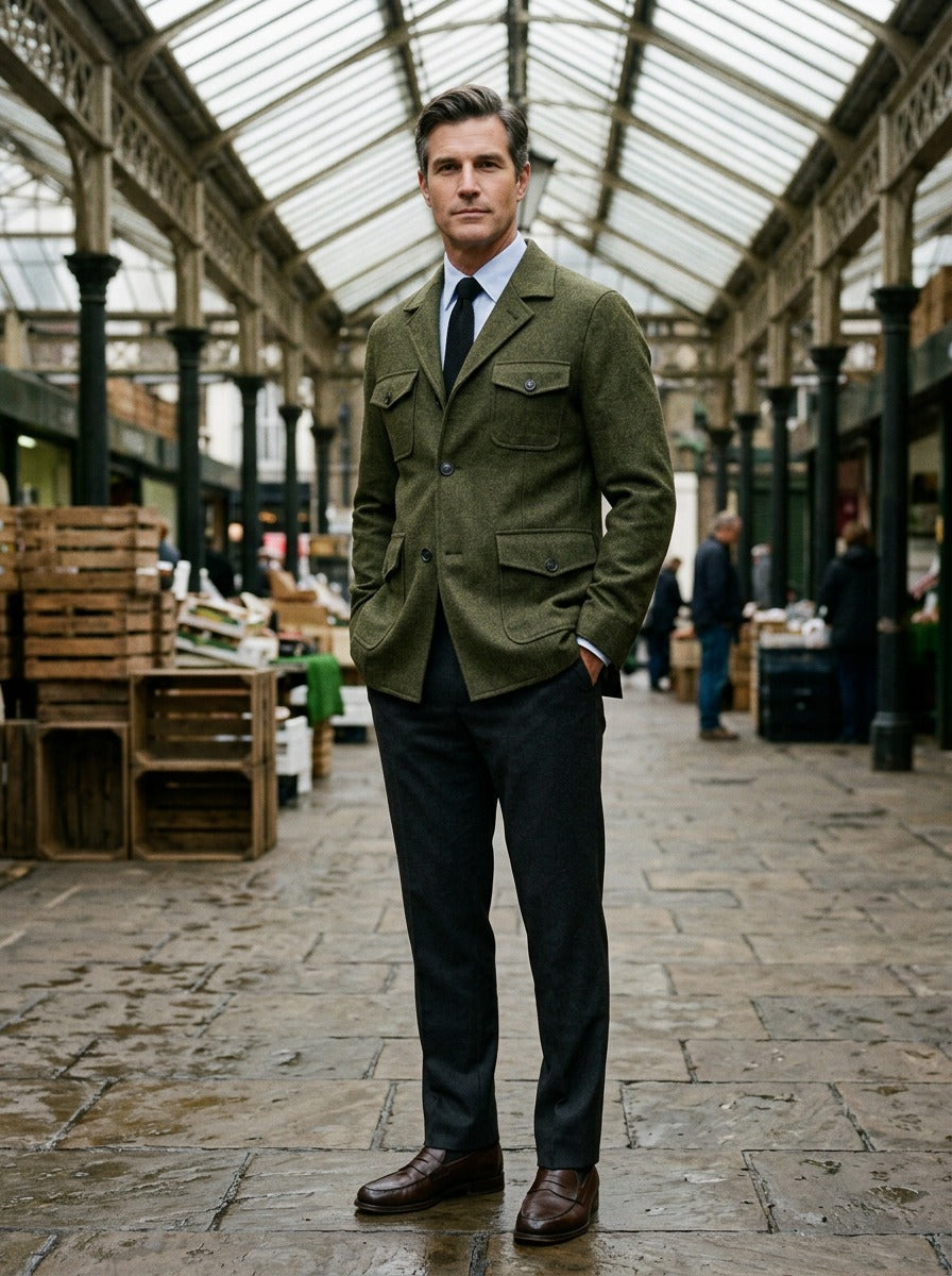 Hartwell field jacket in Olive, lifestyle in a covered market hall, Gentlemens Manor