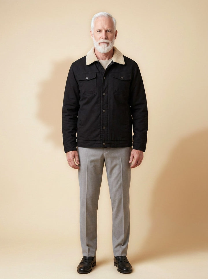 Harvey trucker jacket in Black, studio, Gentlemens Manor