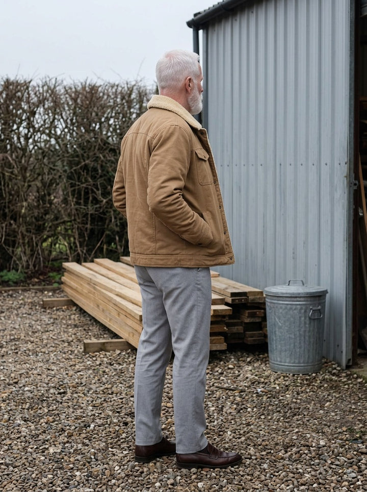 Harvey trucker jacket in Camel, lifestyle, Gentlemens Manor