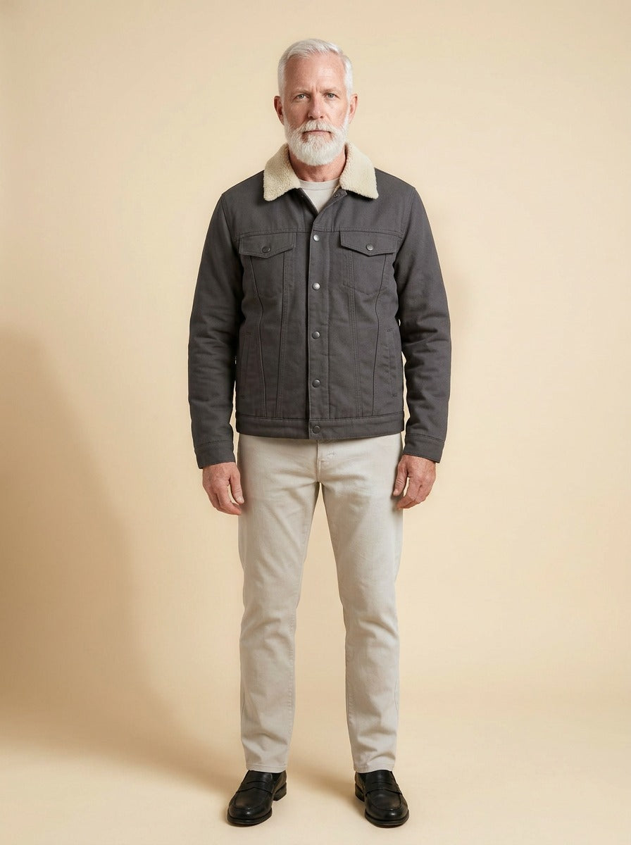 Harvey trucker jacket in Charcoal, studio, Gentlemens Manor