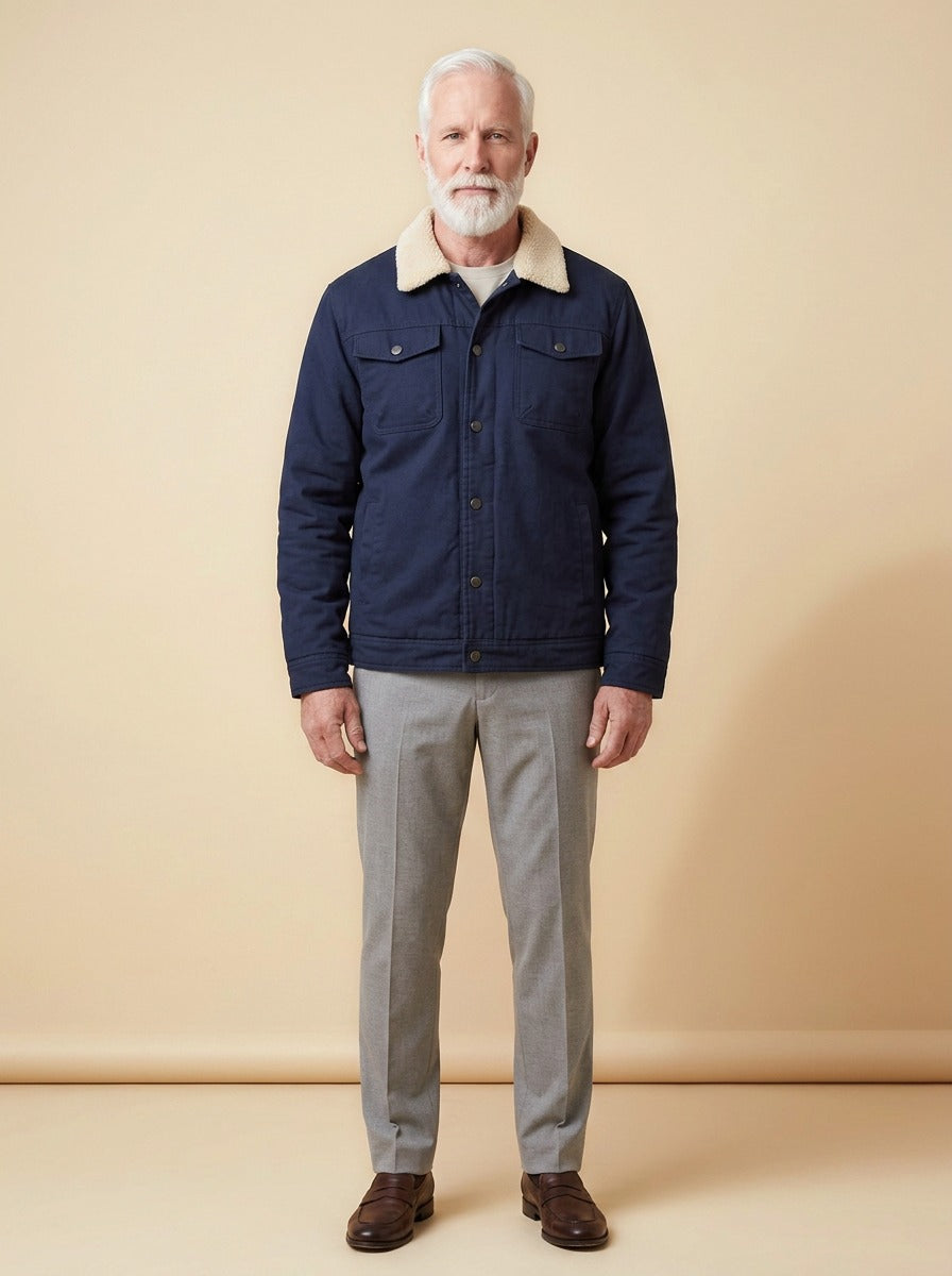 Harvey trucker jacket in Navy, studio, Gentlemens Manor