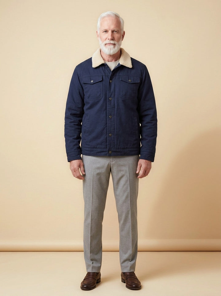 Harvey trucker jacket in Navy, studio, Gentlemens Manor
