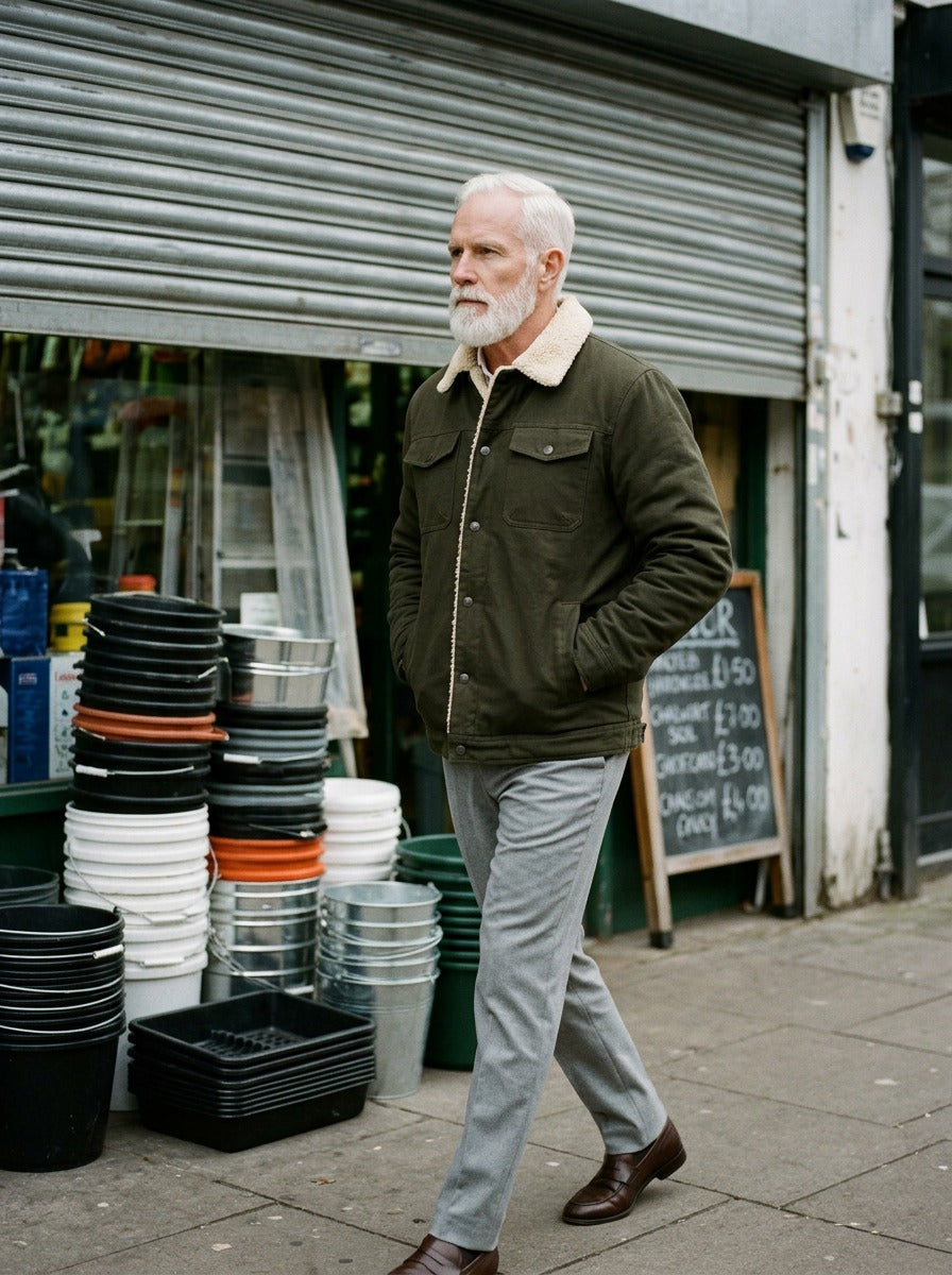 Harvey trucker jacket in Olive, lifestyle, Gentlemens Manor