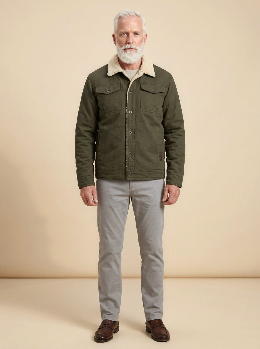 Harvey trucker jacket in Olive, studio, Gentlemens Manor