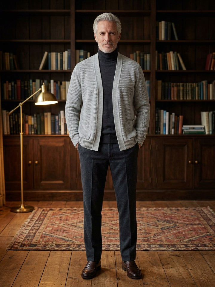 Harwood cardigan in Light Grey, lifestyle in a private study, Gentlemens Manor