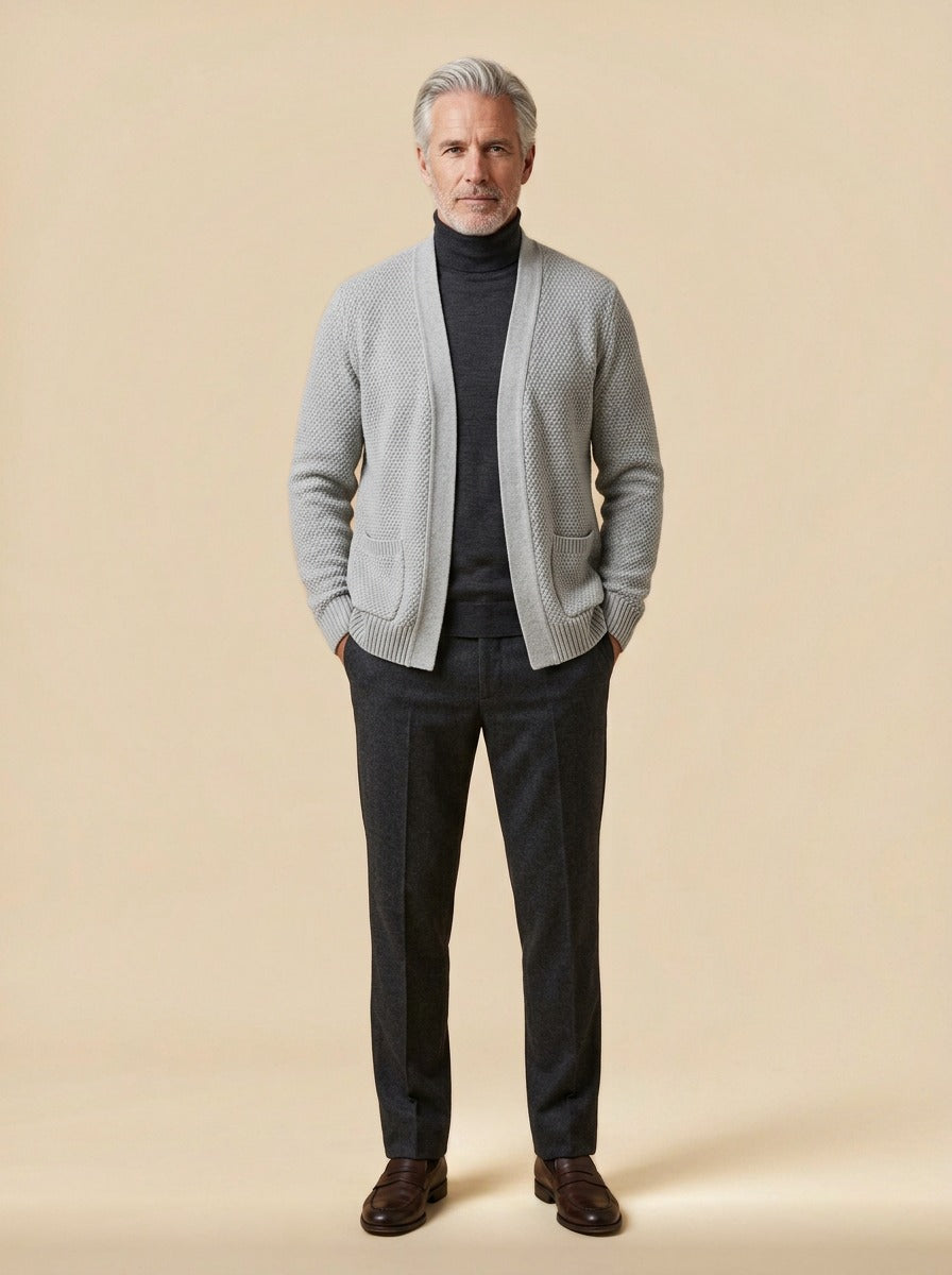Harwood cardigan in Light Grey, studio, Gentlemens Manor