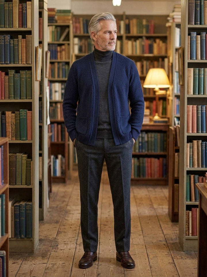 Harwood cardigan in Navy, lifestyle in a secondhand bookshop, Gentlemens Manor