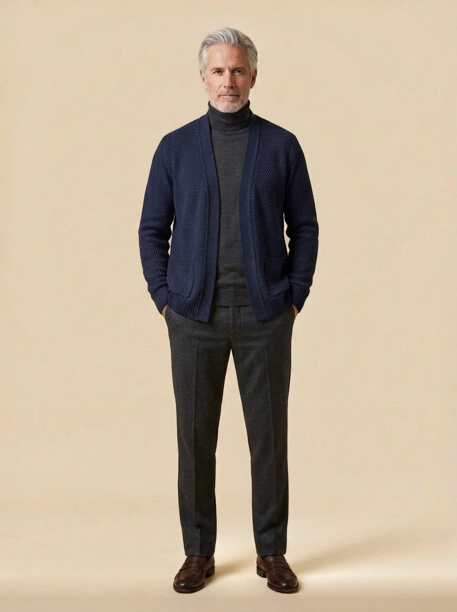 Harwood cardigan in Navy, studio, Gentlemens Manor