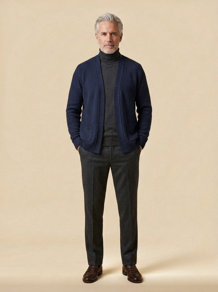 Harwood cardigan in Navy, studio, Gentlemens Manor