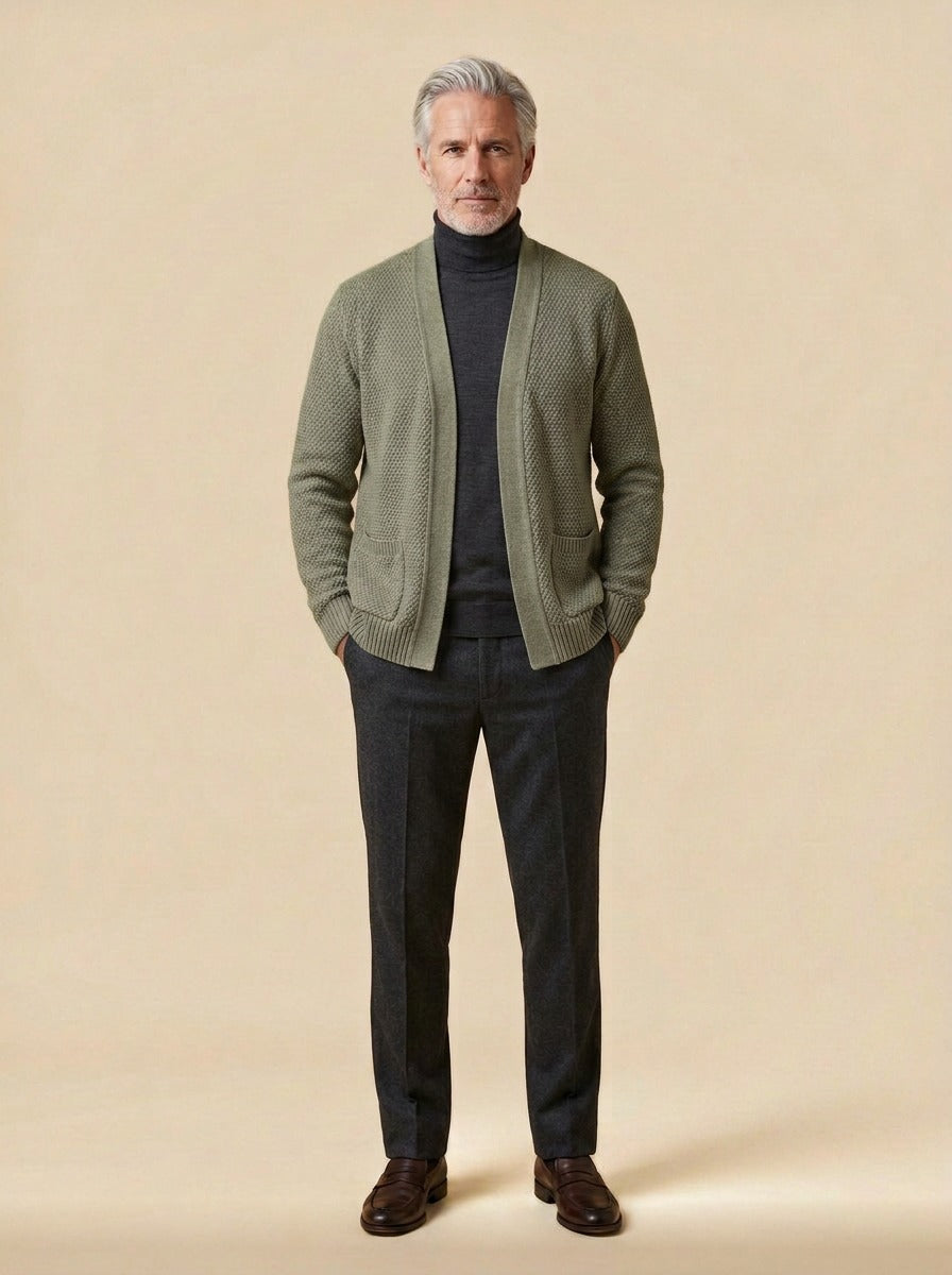 Harwood cardigan in Olive, studio, Gentlemens Manor