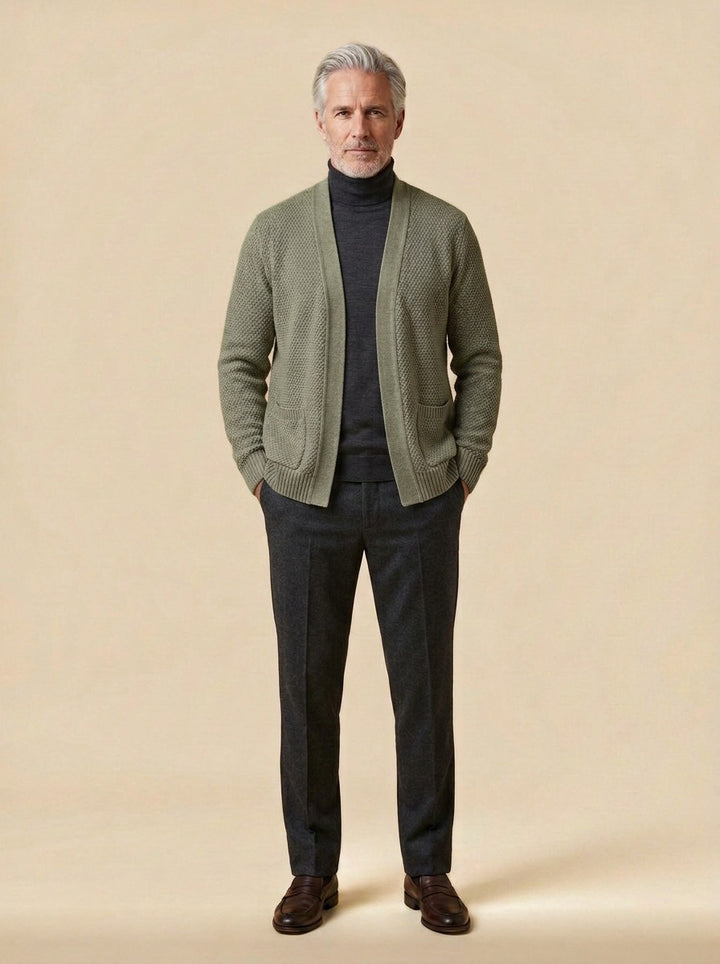 Harwood cardigan in Olive, studio, Gentlemens Manor