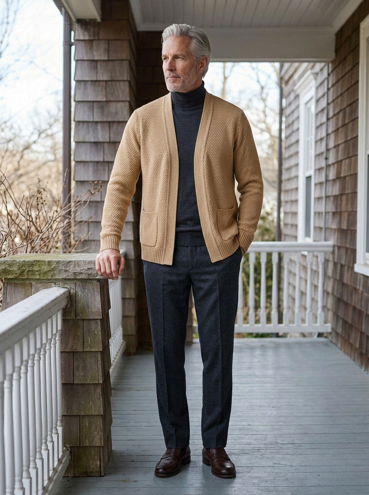 Harwood cardigan in Sand, lifestyle on a covered porch, Gentlemens Manor