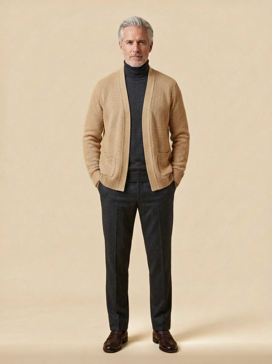 Harwood cardigan in Sand, studio, Gentlemens Manor