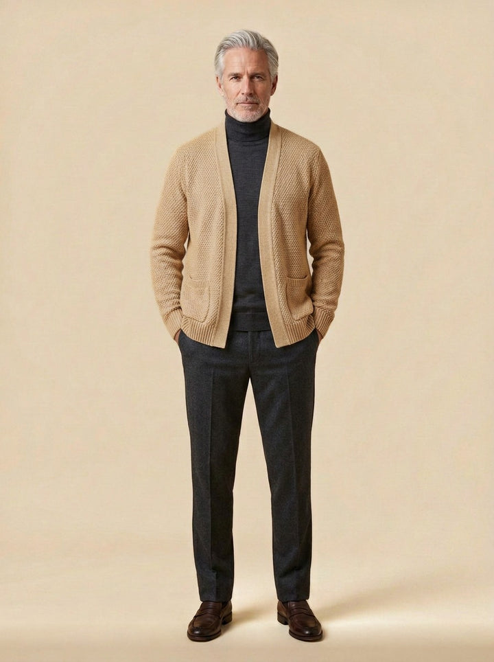 Harwood cardigan in Sand, studio, Gentlemens Manor