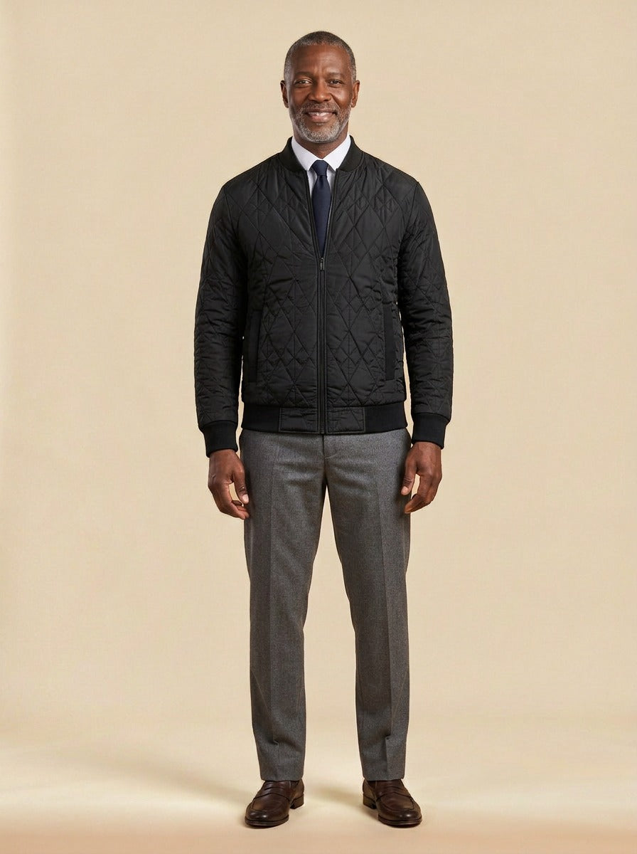 Haskell quilted bomber jacket in Black, studio, Gentlemens Manor