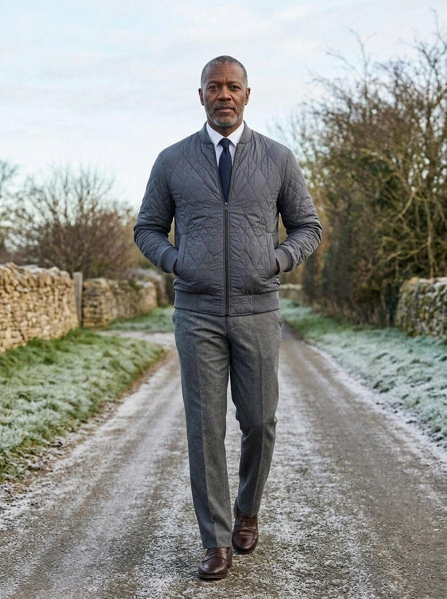 Haskell quilted bomber jacket in Grey, lifestyle on a country lane, Gentlemens Manor
