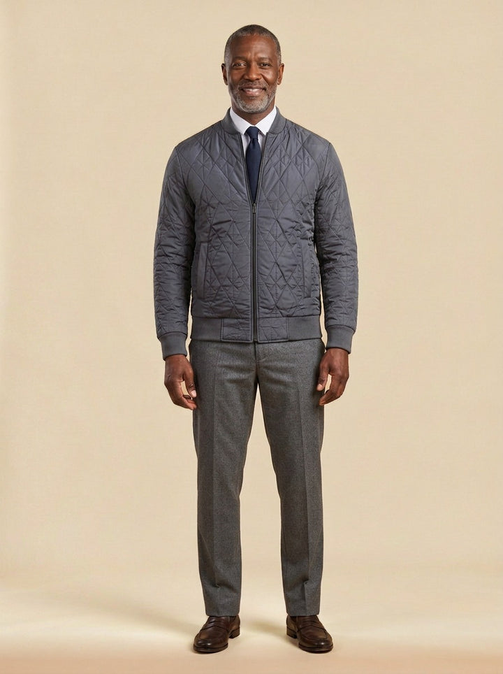 Haskell quilted bomber jacket in Grey, studio, Gentlemens Manor