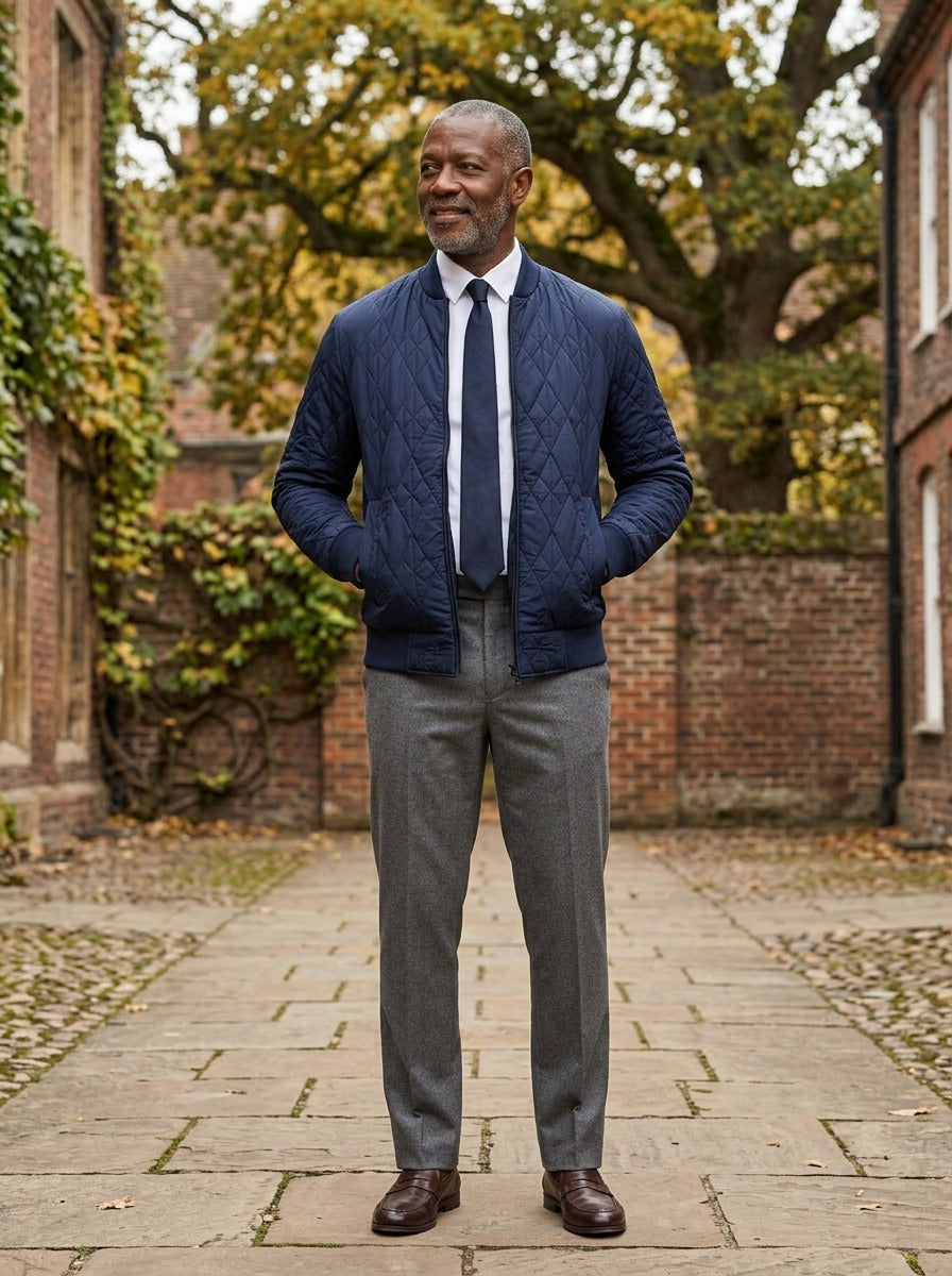 Haskell quilted bomber jacket in Navy, lifestyle in a brick college courtyard, Gentlemens Manor